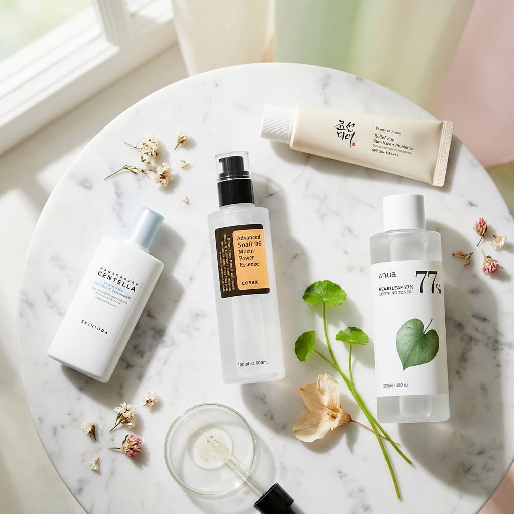 COSRX, Anua, Beauty of Joseon and SKIN1004 Korean skincare products arranged on marble