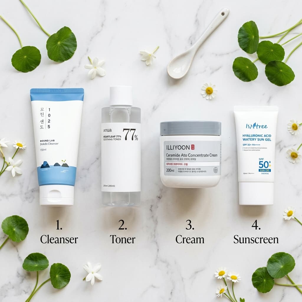 Korean Core 4 skincare routine: ROUND LAB cleanser, Anua toner, Illiyoon ceramide cream, and SPF sunscreen arranged on marble